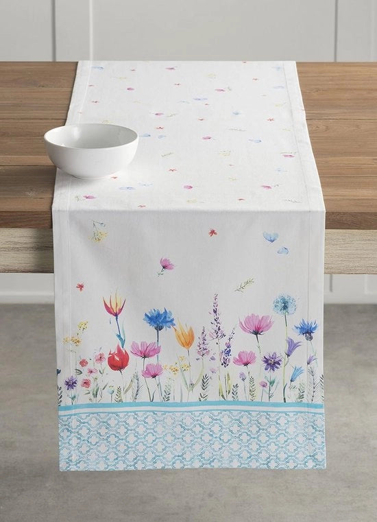 Telaio per la tavola, 100% cotone, 50 cm x 150 cm, telaio decorativo per tavola da pranzo, buffet e campeggio, Fiori nel Campo - primavera/estate