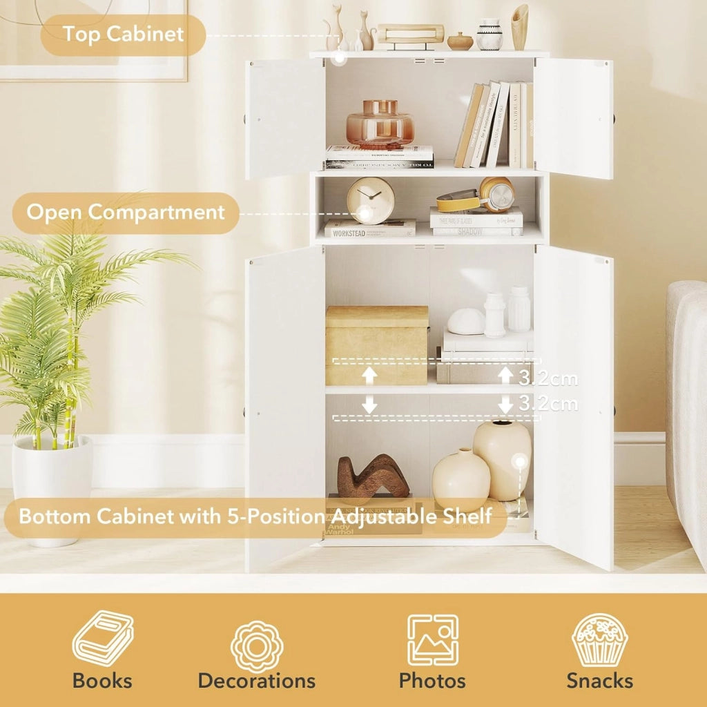Libreria Verticale a 3 Ripiani, Libreria Chiusa con Ante e Ripiano Aperto, Mobile Soggiorno con Ripiano Regolabile a 5 Livelli, per Studio, Camera da Letto, Bagno, 54 x 30 x 111 cm (Bianco)