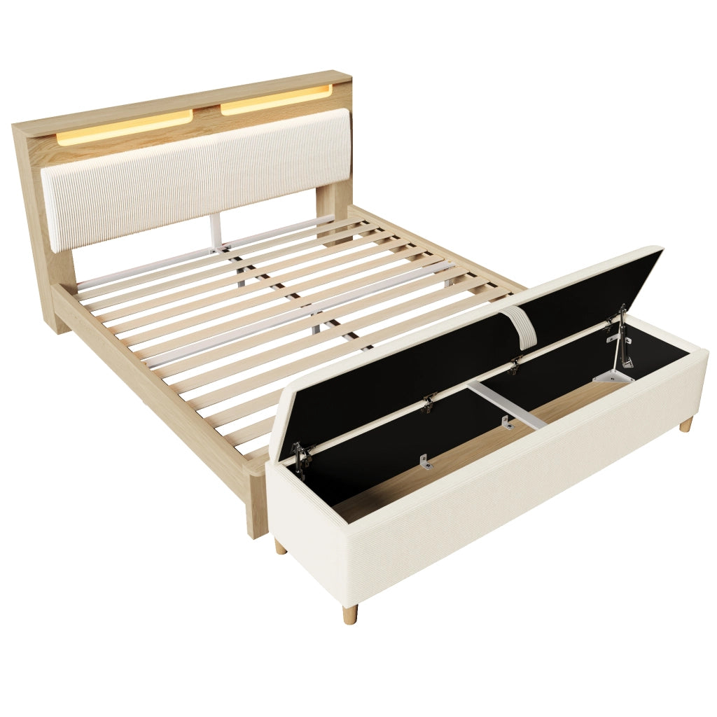 Letto matrimoniale 160x200 cm con panca contenitore, testiera con LED e materasso incluso, rovere chiaro