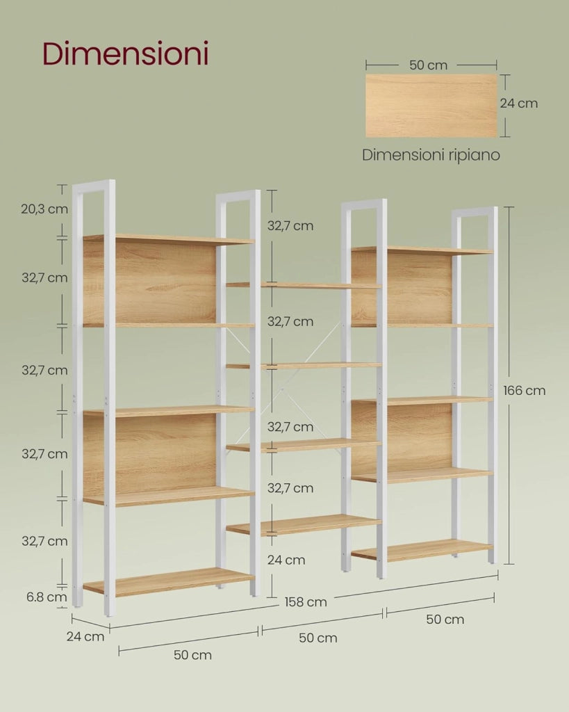 VASAGLE Libreria, Scaffale Portaoggetti, con 14 Ripiani, Struttura in Metallo, Soggiorno Studio Ufficio, Stile Industriale, 24 x 158 x 166 cm, Rovere Dorato e Bianco Opaco LLS107YA01
