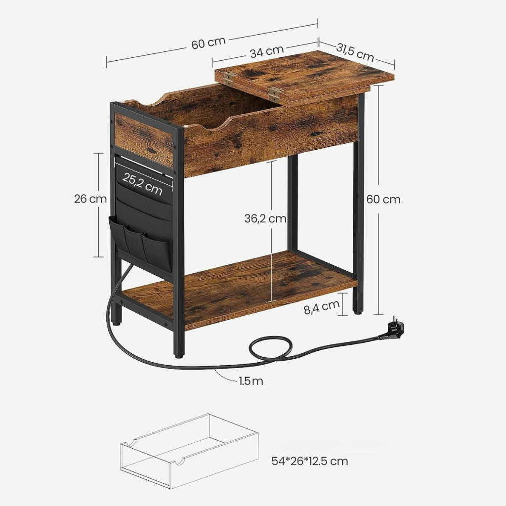 Tavolino bicolore industrial con vano portaoggetti e prese USB