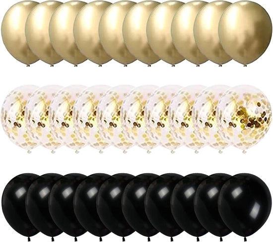 Set di palloni - decorazione da festa - 60 pezzi - nero-oro - latex - 30 cm