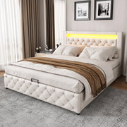 Letto imbottito 160 x 200 cm con rete a doghe, contenitore e LED, bianco, PU