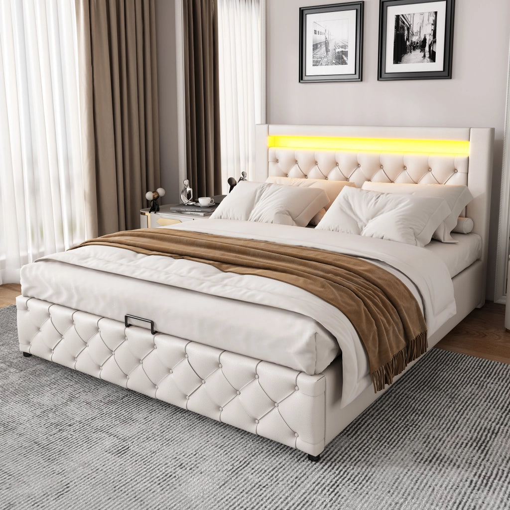 Letto imbottito 160 x 200 cm con rete a doghe, contenitore e LED, bianco, PU