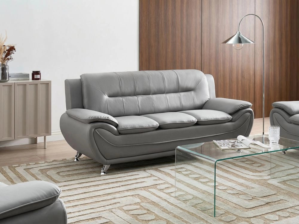 Divano a 3 posti in ecopelle vegana grigio con braccioli e gambe in metallo argentato facile da pulire stile moderno e glamour per il soggiorno