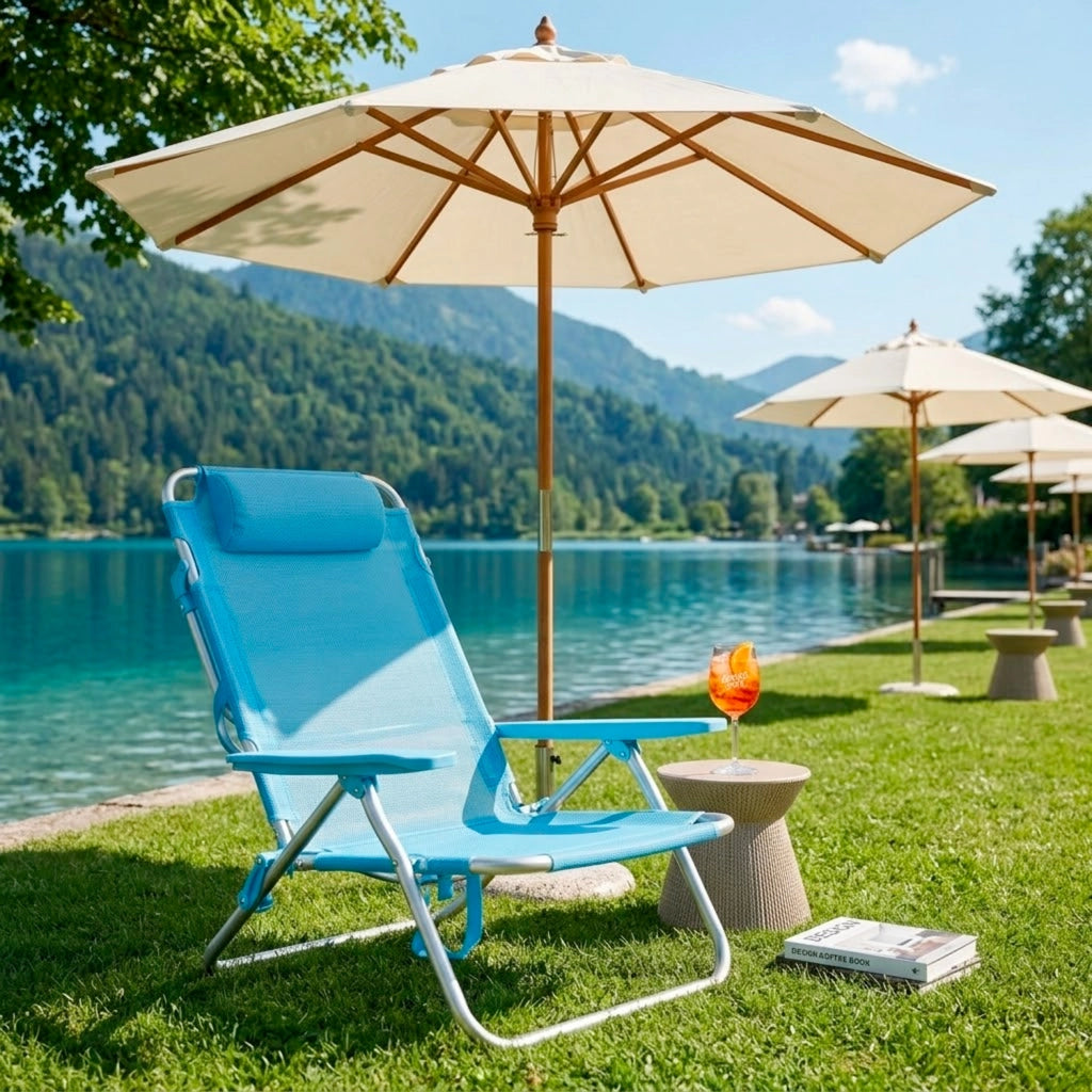 Spiaggina Relax Pieghevole Da Mare Con Telaio In Alluminio Seduta In Textilene Traspirante Poggiatesta Integrato E Braccioli Ergonomici Per Campeggio Outdoor 53 x 62 x 77 Cm Azzurro