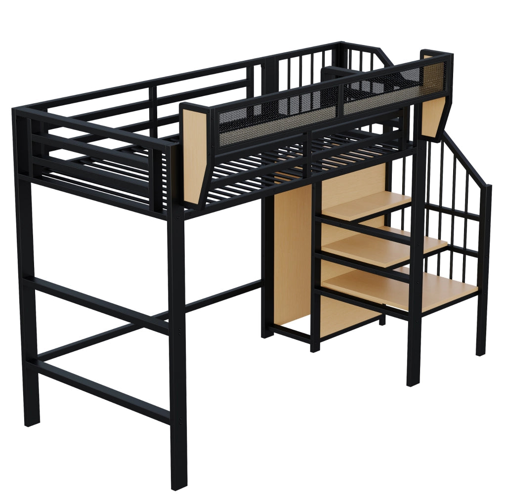 Letto a soppalco 90x200 in metallo con scala di sicurezza e ripiano modulabile, nero