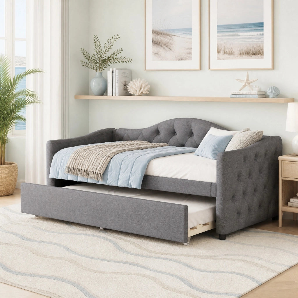 DESMIU Divano letto 90 × 200 cm 1 posto con letto estraibile, senza materasso, in lino, grigio