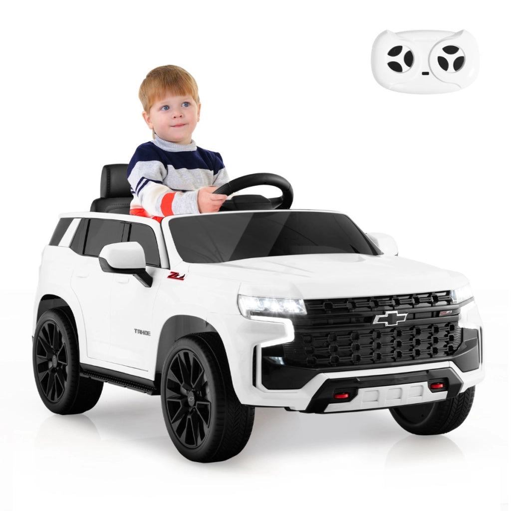 SUV elettrica 12V per bambini con telecomando 2,4G sospensione a molla luci e musica, Chevrolet auto elettrica Bianco-Macchinine giocattoli