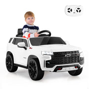 SUV elettrica 12V per bambini con telecomando 2,4G sospensione a molla luci e musica, Chevrolet auto elettrica Bianco-Macchinine giocattoli