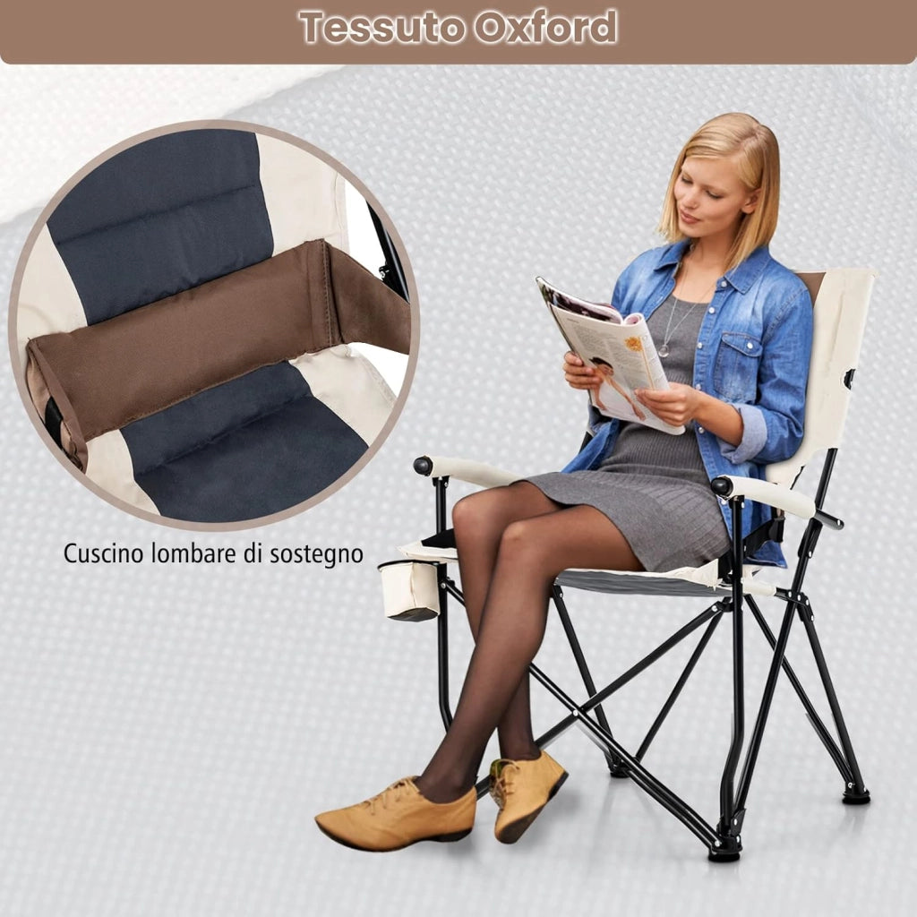 Sedia da Campeggio Pieghevole Portatile, Sedia da Campeggio Imbottita 150 KG con Portabicchieri Braccioli Cuscino Struttura in Metallo, Sedia Portatile da Esterno Pesca Giardino Campeggio
