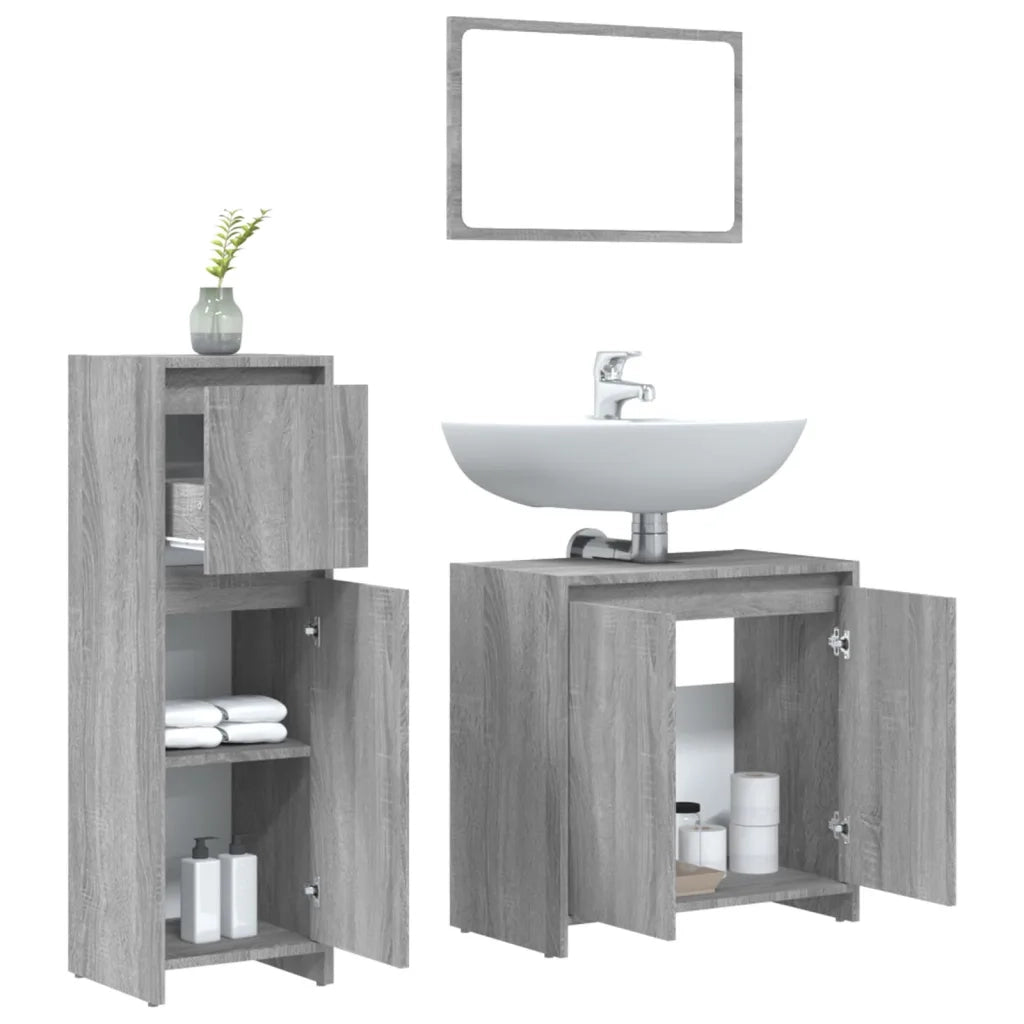 Set Mobili da Bagno 3 pz Grigio Sonoma in Legno Multistrato