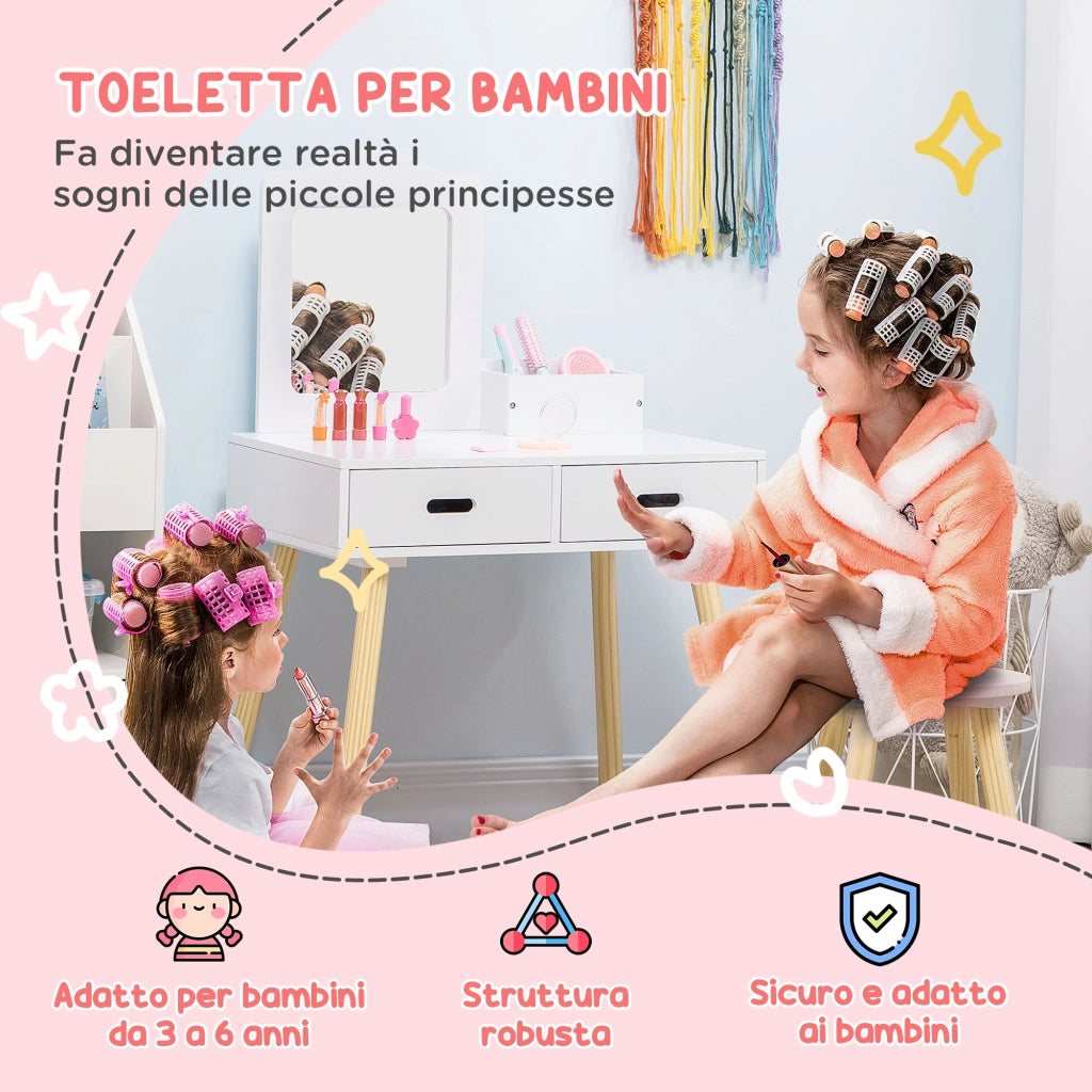 Set Toeletta per Bambini con Tavolo Trucco, Sgabello, Specchio e 2 Cassetti ¨C zephmum ¨C Bianco e Legno