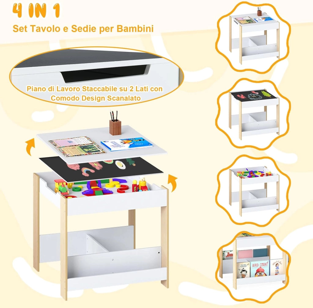 4 in 1 Set Tavolo e Sedie per Bambini 3+ Anni, Tavolo e Sedie con Piano Reversibile, Scaffali e Cassetti, Ideale per Disegno, Lettura e Studio (Naturale, Stile 3)