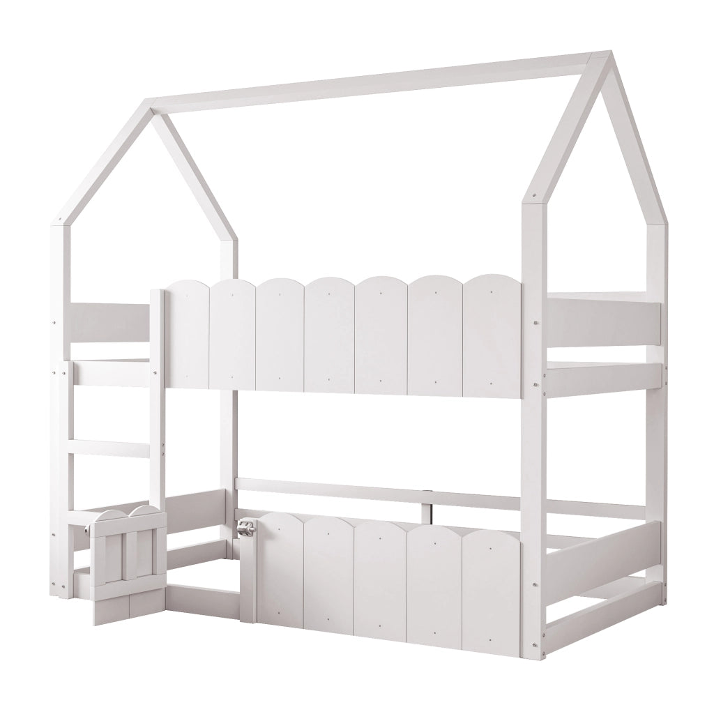 OKWISH Letto a Castello 90×200 cm, Letto Singolo con Design a Casetta, Scala Dritta e Sponde di Sicurezza, senza Materasso, Legno Bianco