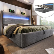 OKWISH Letto Contenitore 140×200 cm, Letto Matrimoniale con LED Regolabile, USB, Tipo C e Testiera Alta, senza Materasso, in Lino, Grigio
