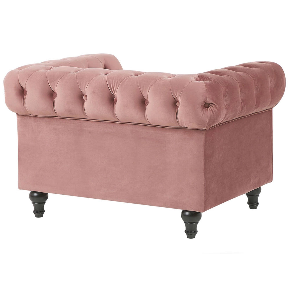 Poltrona Chesterfield Tessuto Velluto Rosa Rivestimento Gambe Legno Scuro Contemporaneo