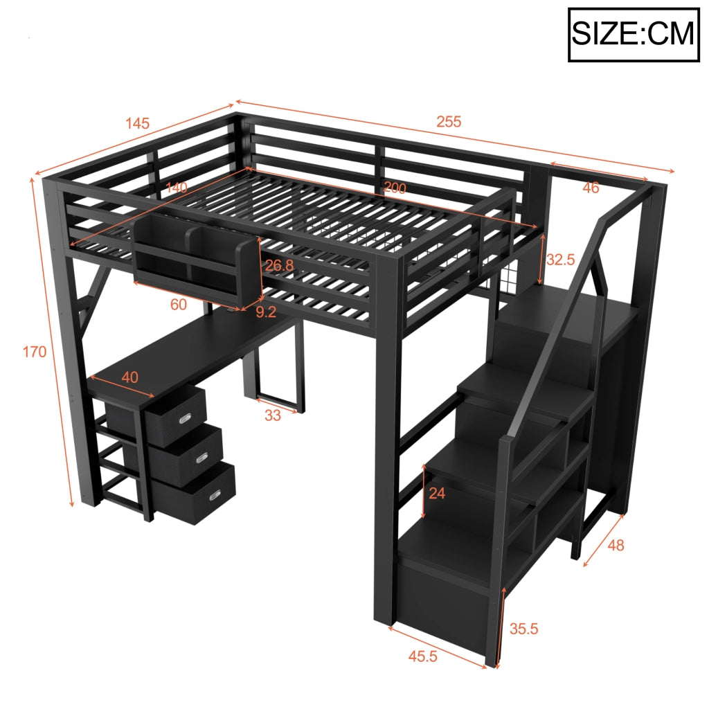 Letto a soppalco in metallo 140x200 cm con scrivania; 3 cassetti; mensole; armadio/guardaroba e LED; nero