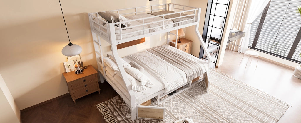 DESMIU Letto a castello per bambini 90 × 200 cm e 140 × 200 cm con scarpiera e vani, senza materasso, bianco