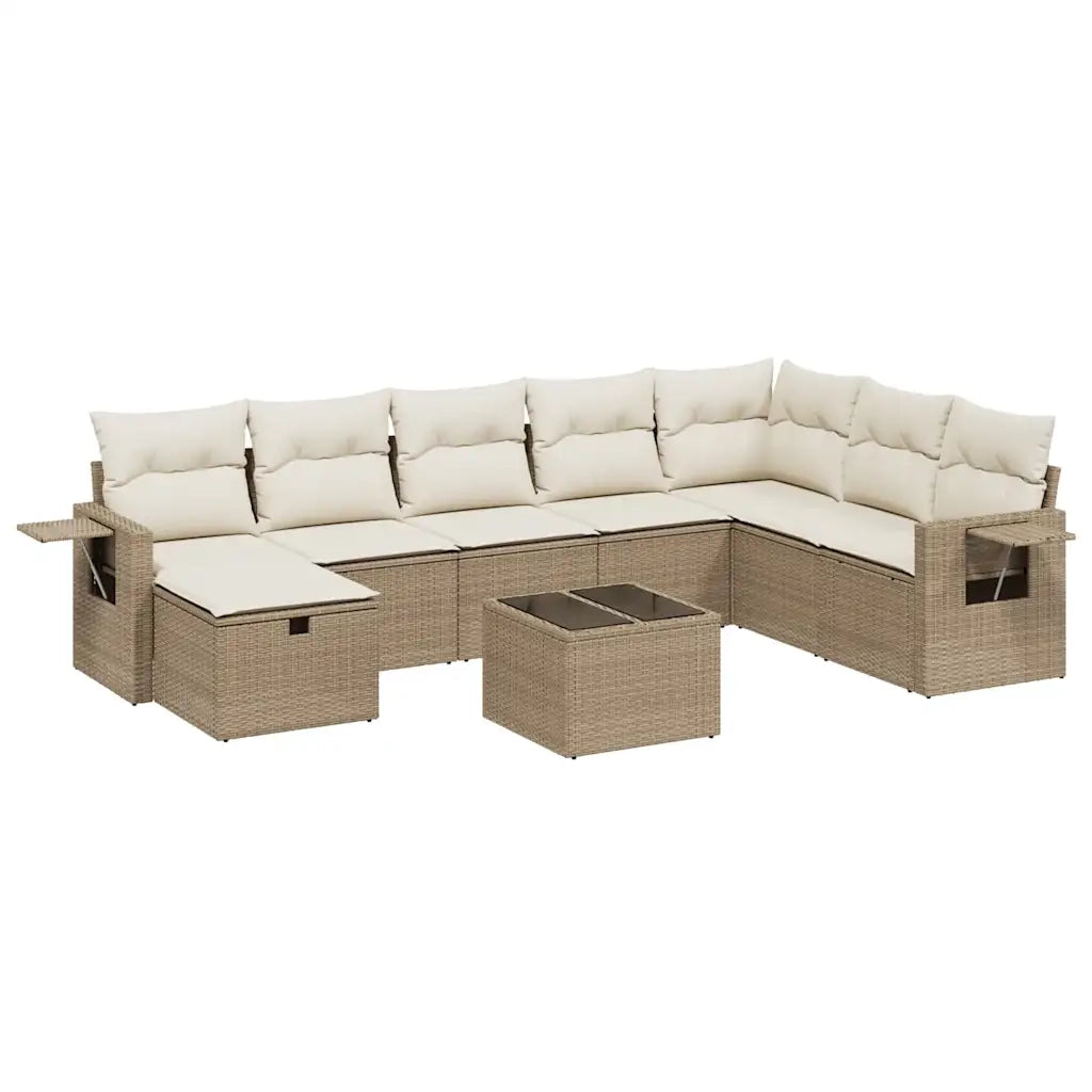 Set Divano da Giardino 9 pz con Cuscini Beige in Polyrattan
