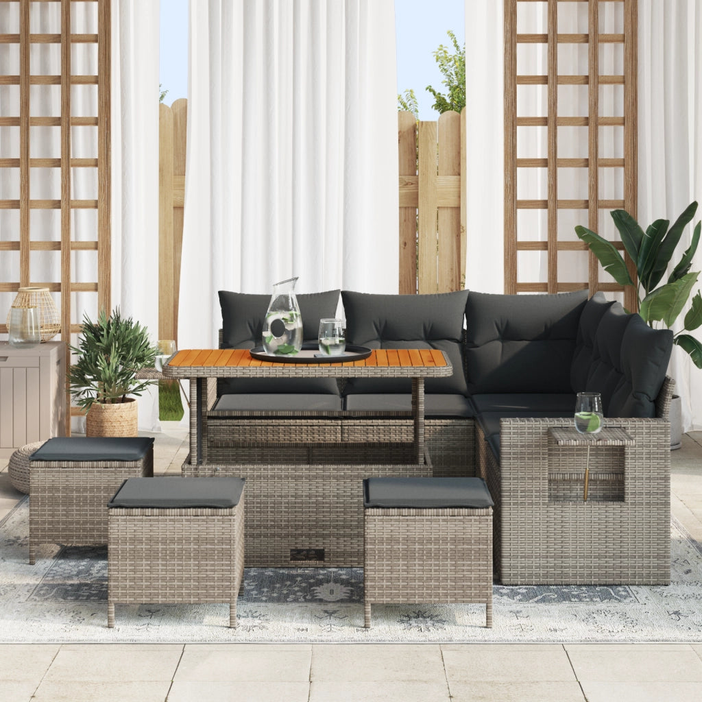 Set Divano Giardino da 9 Pezzi con Cuscini Grigio Rattan Polimerico Acacia