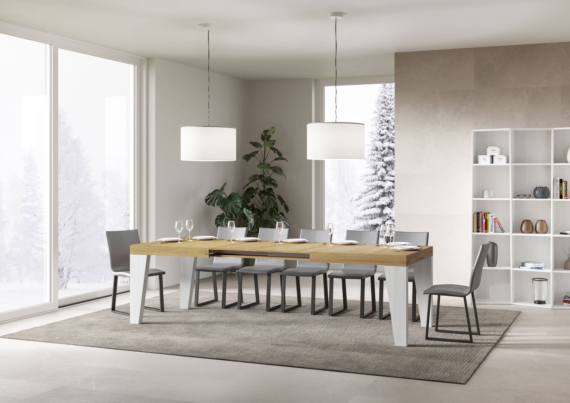 Tavolo Allungabile 160/264x90x77 cm Naxy Mix piano Quercia Natura gambe Bianco Frassino