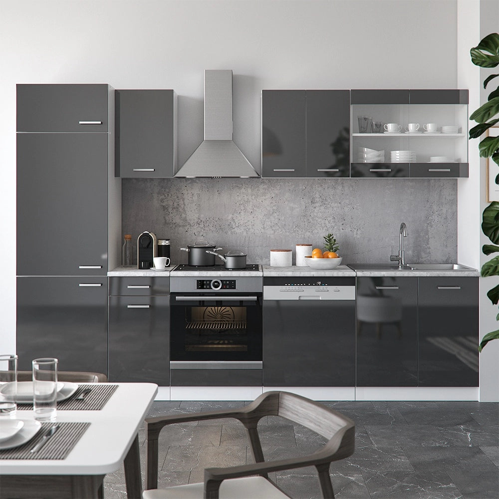 Cucina componibile R-Line Antracite lucido/Bianco 300 cm senza piano di lavoro Vicco