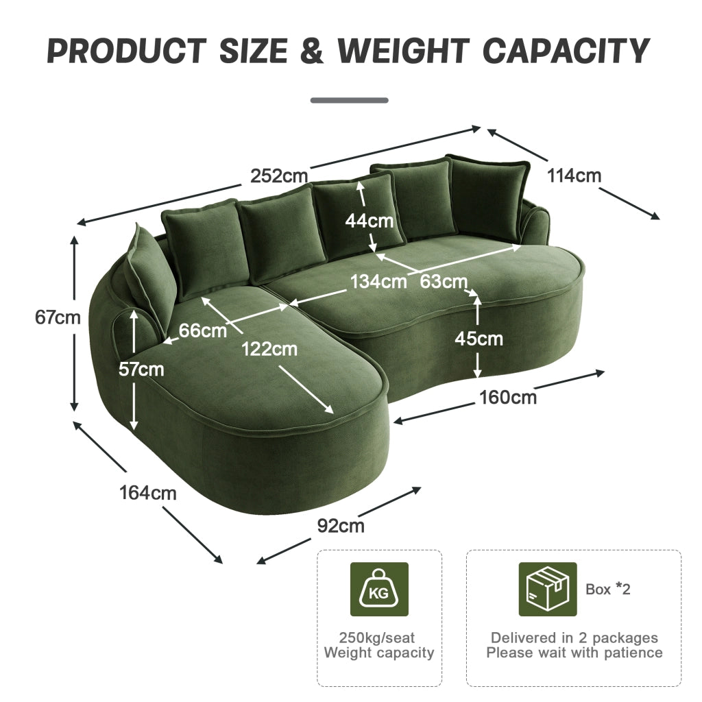 Divano modulare senza telaio in ciniglia; chaise longue profonda; braccioli larghi; verde