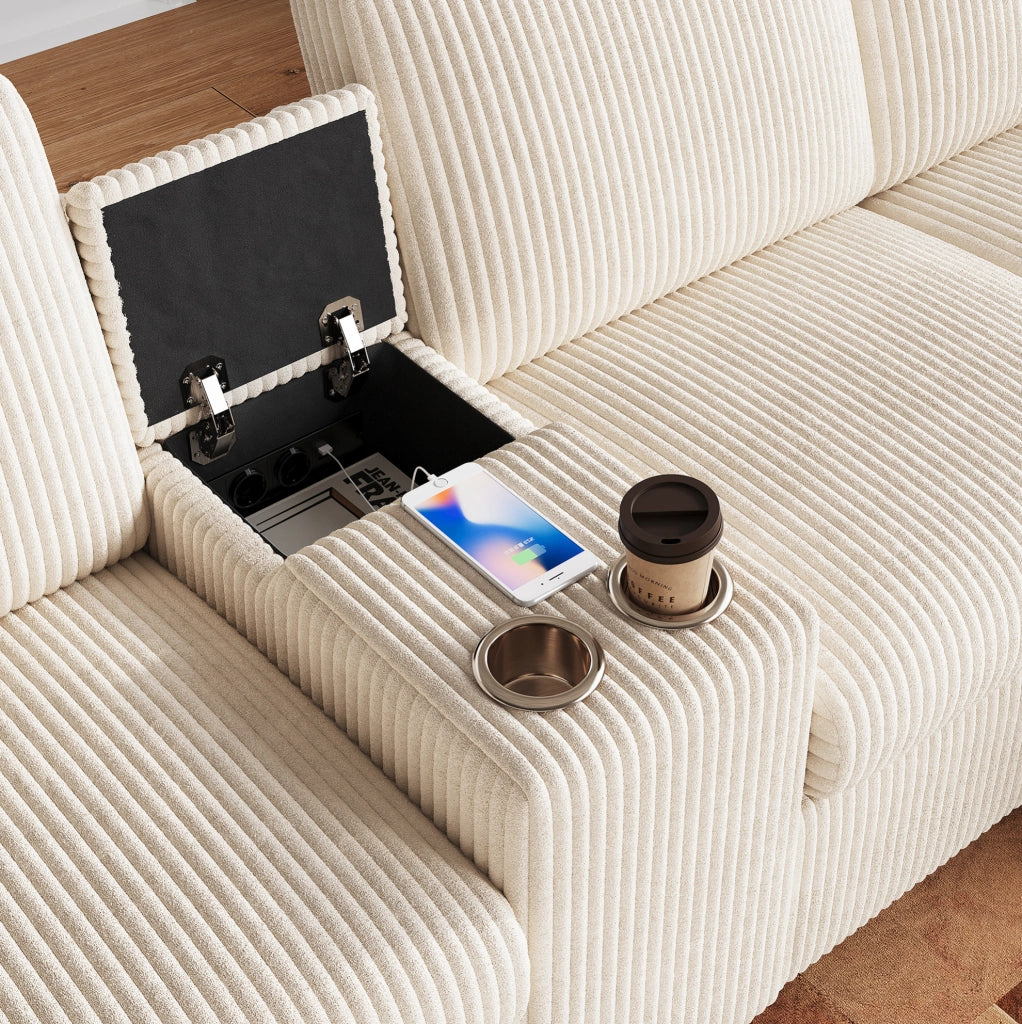 Divano a U in velluto a coste con 2 pouf contenitore; tavolino; USB; Type-C e prese; beige