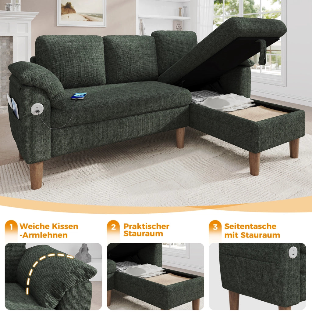 Divano angolare modulare 3 posti con chaise longue reversibile; contenitore; USB e Type-C; ciniglia verde