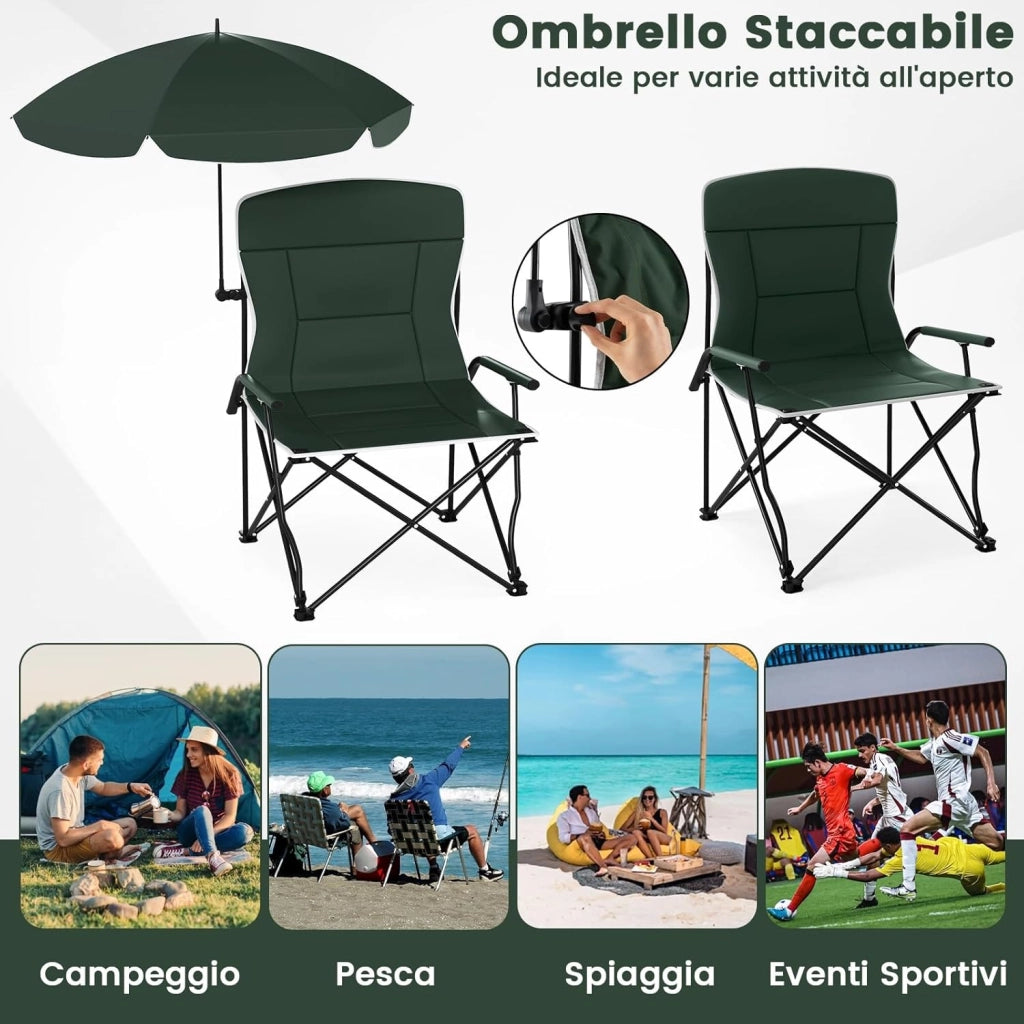 Sedia da Campeggio con Ombrello Regolabile, Sedia da Giardino Imbottita con Borsa e Tettuccio Parasole, Poltrona Pieghevole per Spiaggia, Pesca, Sport, Portata 160 kg