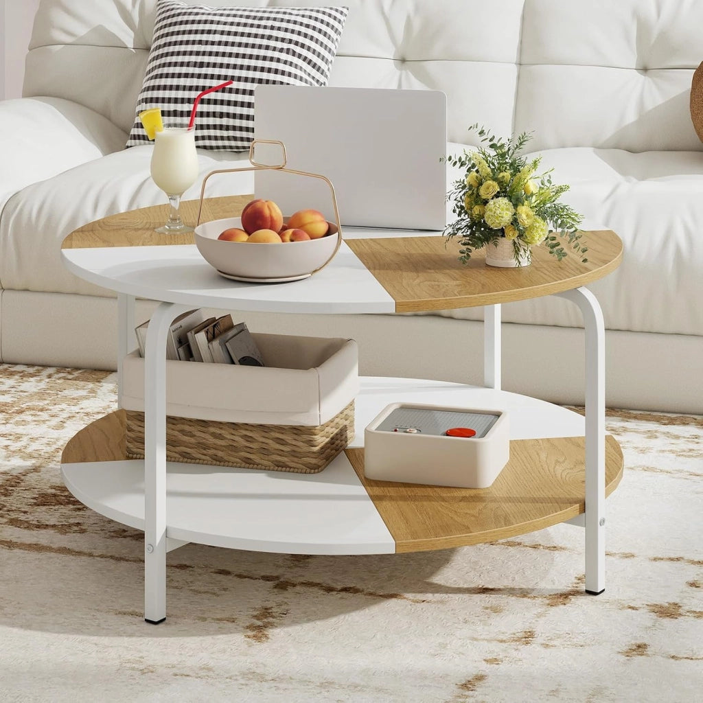 Tavolino da Salotto, Tavolino a 2 Livelli con Ripiano e Piedini Antiscivolo, Tavolo da Caffè Rotondo in Legno e Metallo, per Soggiorno, Studio e Ufficio, Portata 100 kg, 80 x 80 x 42 cm