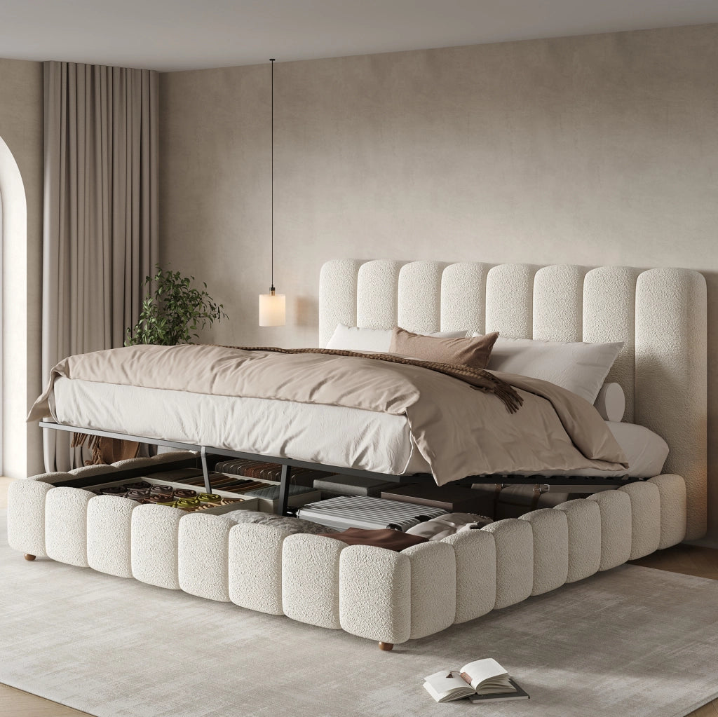 Letto matrimoniale imbottito 160x200 cm con contenitore idraulico; rivestimento Bouclé bianco