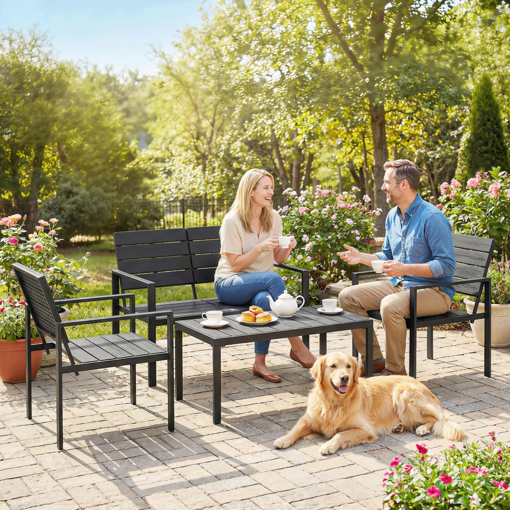 Set 4 Pezzi Salotto da Giardino con Tavolino da Caffè Divanetto 2 Posti e 2 Sedie in HDPE e Metallo Nero