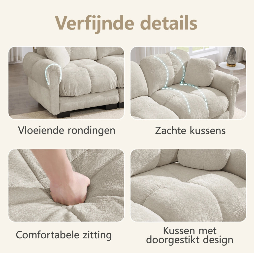 Divano 3 posti in chenille color kaki chiaro con 2 cuscini decorativi e design trapuntato