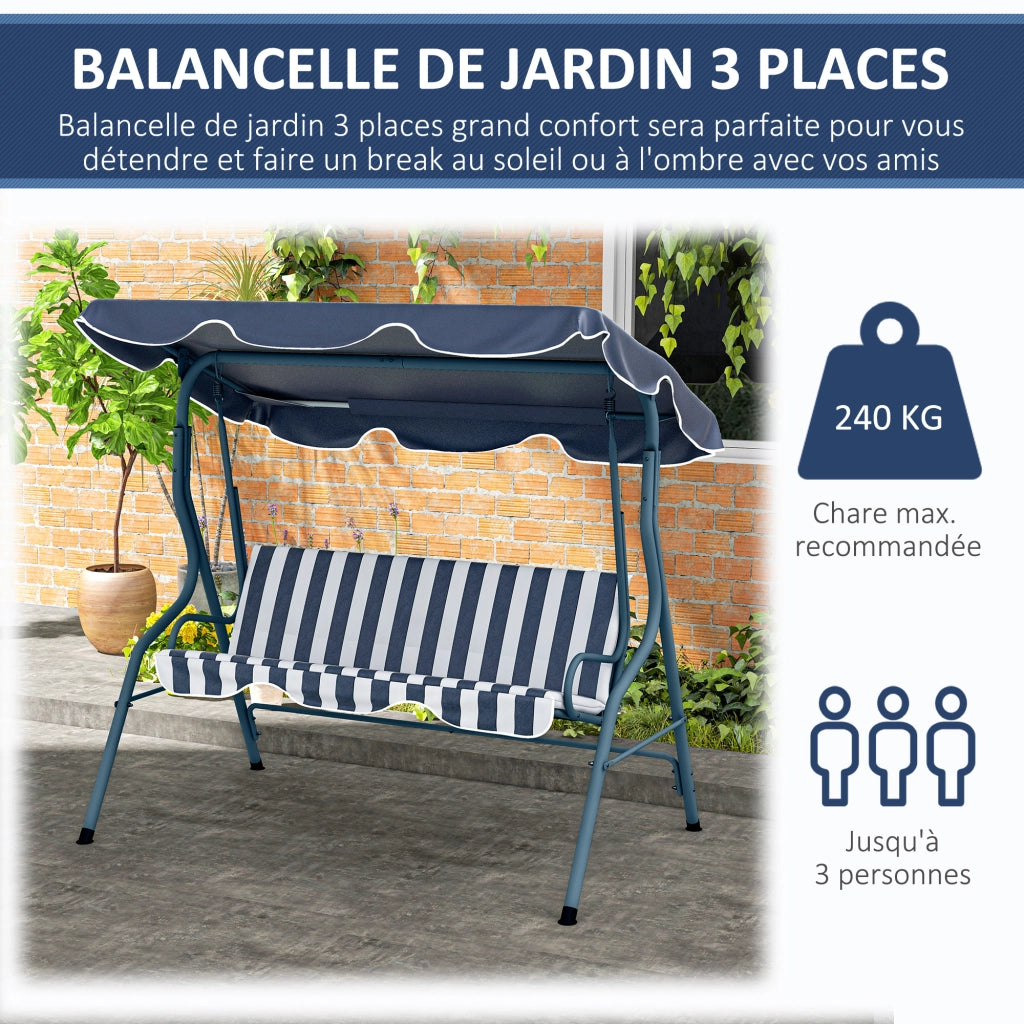 Divano da giardino 3 posti ¨C zephmum ¨C Cuscini blu e bianco, Toiletto impermeabile