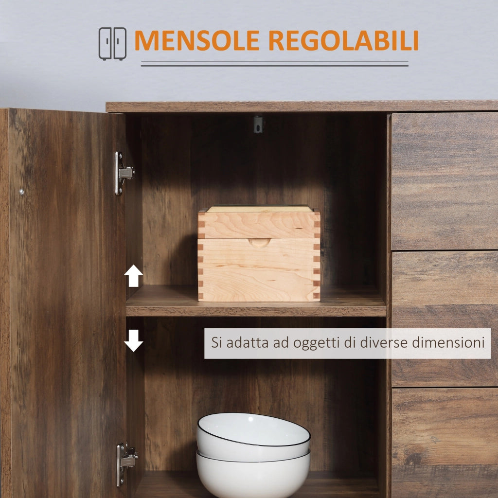 Credenza Moderna in Truciolato e Metallo con 2 Armadietti a 2 Ante con Ripiani e 3 Cassetti. 120x39.5x77 cm