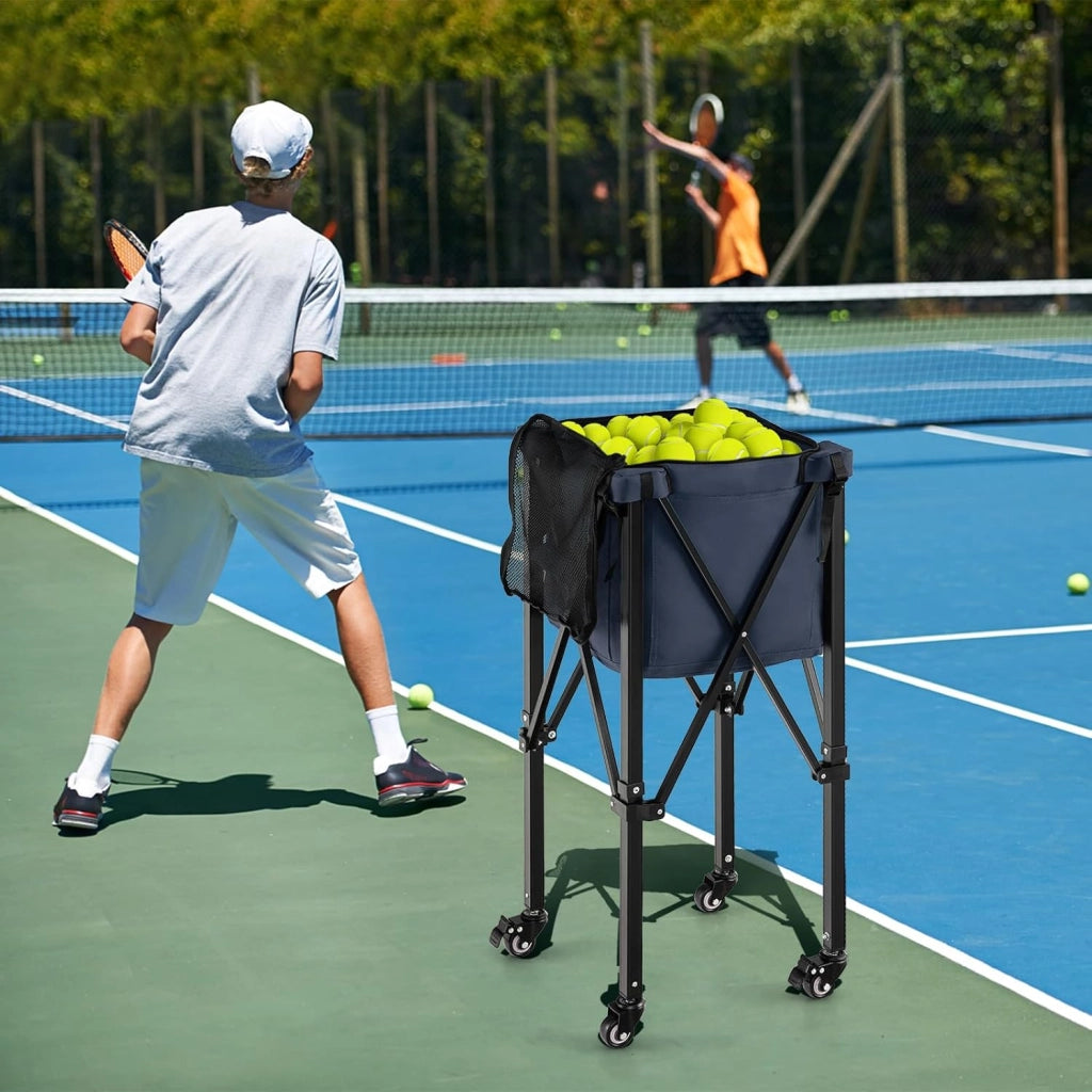 Carrello Porta Palline da Tennis, Carrello da Tennis Pieghevole in Alluminio con Ruote Frenate, Borsa Rimovibile Tasche Laterali, Borsa per Il Trasporto, Max 150 Palline Tennis