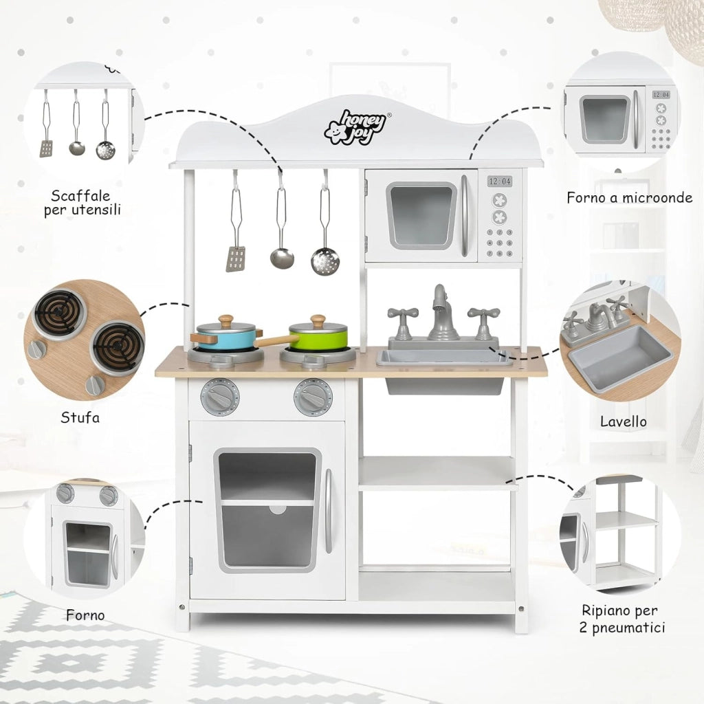 Cucina Giocattolo per Bambini, Cucina per Bambini in Legno con Forno, Microonde, Lavello e Rubinetto, con Accessori, Pentole e Utensili per Cucinare, per bambini 3+ Anni