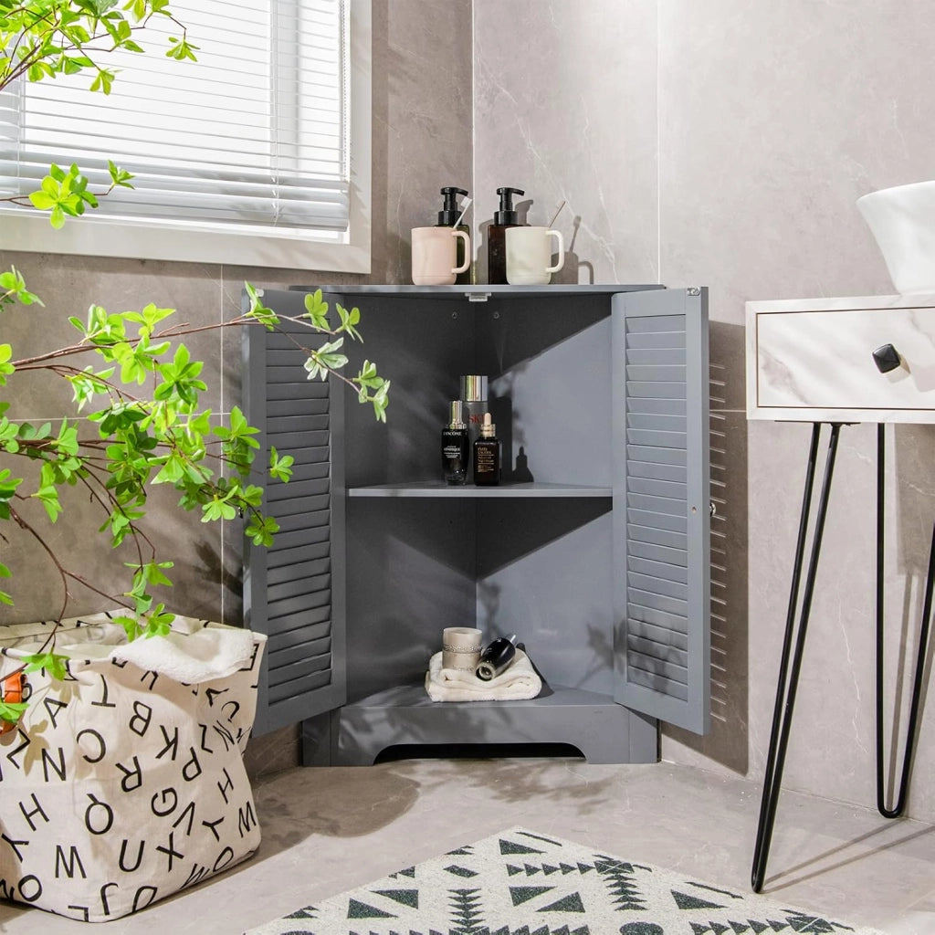 Mobile Angolare, Armadietto ad Angolo con 3 Livelli Ripiani, con 2 Ante e Ripiano Regolabile in Altezza, per Bagno, Ingresso, Soggiorno, Camera da Letto (Grigio)