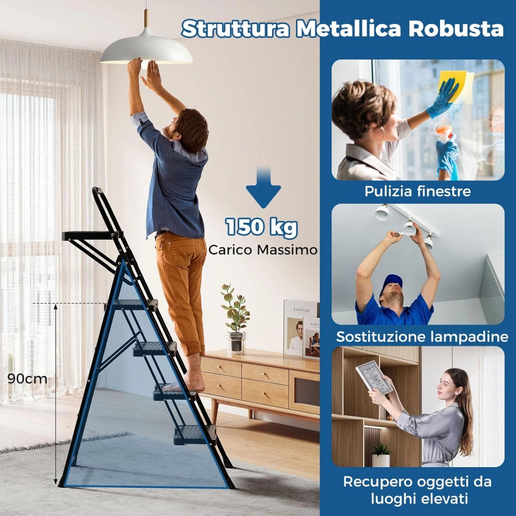 Scala a 4 Gradini, Scaletta Pieghevole in Acciaio con Antiscivolo per Piedi e Maniglia e Vassoio Porta Attrezzi, Carico Massimo 150kg, per Cucina, Giardino e Ufficio