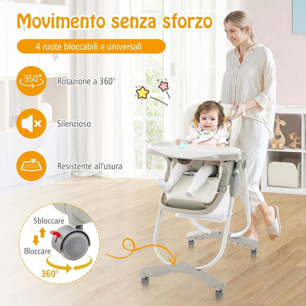 Seggiolone Pappa per Bambini e Neonati, Seggiolone Pieghevole Multifunzione con Ruote, Altezza Regolabile, Poggiapiedi e Schienale, Vassoio Rimovibile, per 6-36 Mesi (Bianco)
