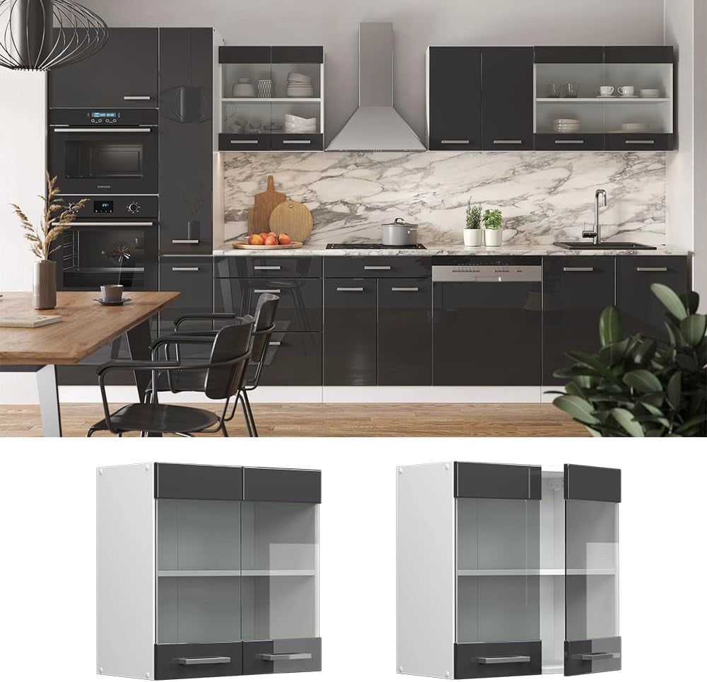 Mobile da cucina in vetro R-Line, Antracite lucido, 60 cm, per la libera combinazione all'interno di sistemi cucina modulari
