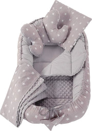 Set di culla per bambino da 5 pezzi, dimensioni 100 x 60 x 15 cm, letto di posizionamento rimovibile, culla per accarezzare, coperta per arrampicarsi, bambino, neonato, 100% cotone (stelle grigie con minky grigie)
