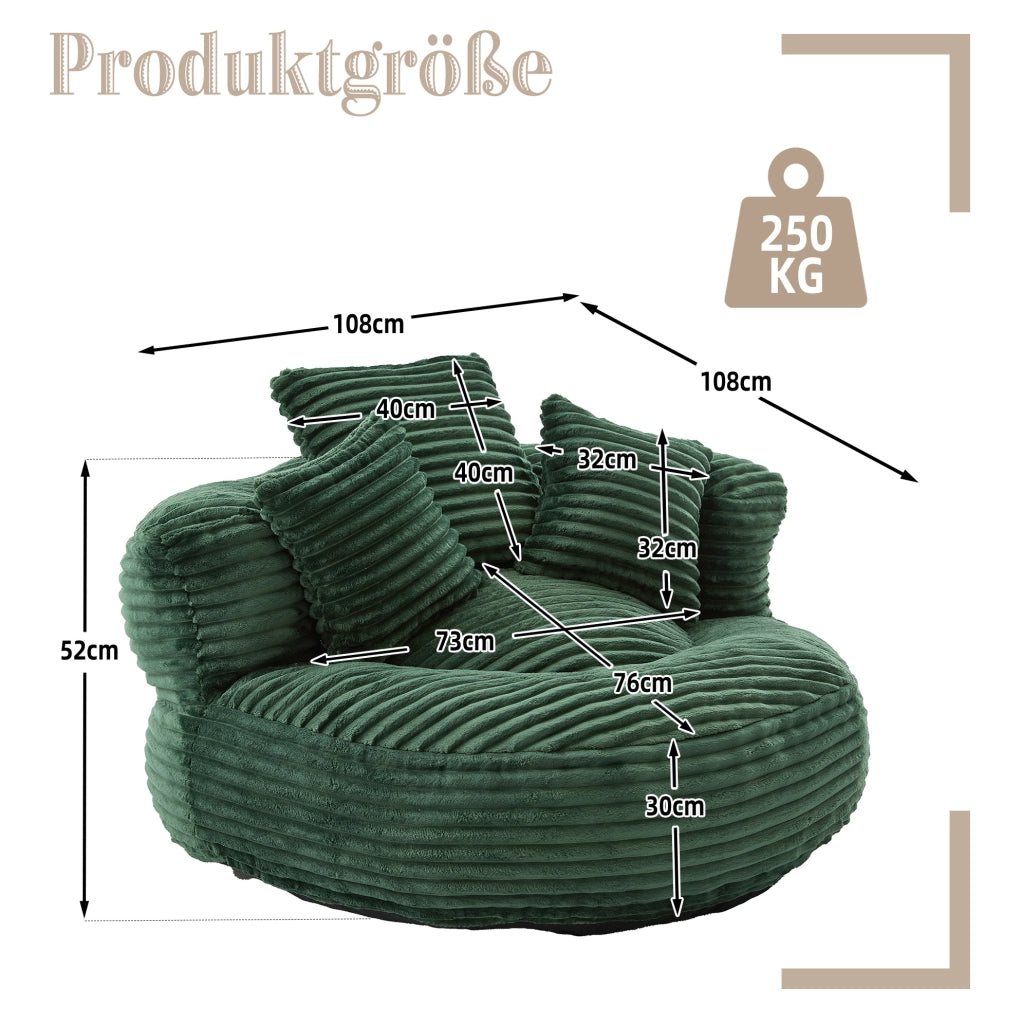 Sitzsack ergonomico in corduroy verde smeraldo 108x108x52 cm; con braccioli e schienale alto