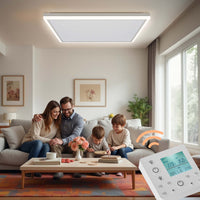 Riscaldamento a soffitto 370 W, pannello per riscaldamento a infrarossi con luce LED e termostato, 65,5 x 63 x 3,5 cm