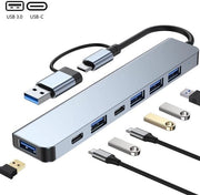 Hub USB 3.0 - 7 Porte - Stazione di Docking per Laptop - Alta Velocità - Incluso Convertitore USB-C - Hub USB - Divisore USB - Argento