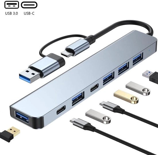 Hub USB 3.0 - 7 Porte - Stazione di Docking per Laptop - Alta Velocità - Incluso Convertitore USB-C - Hub USB - Divisore USB - Argento