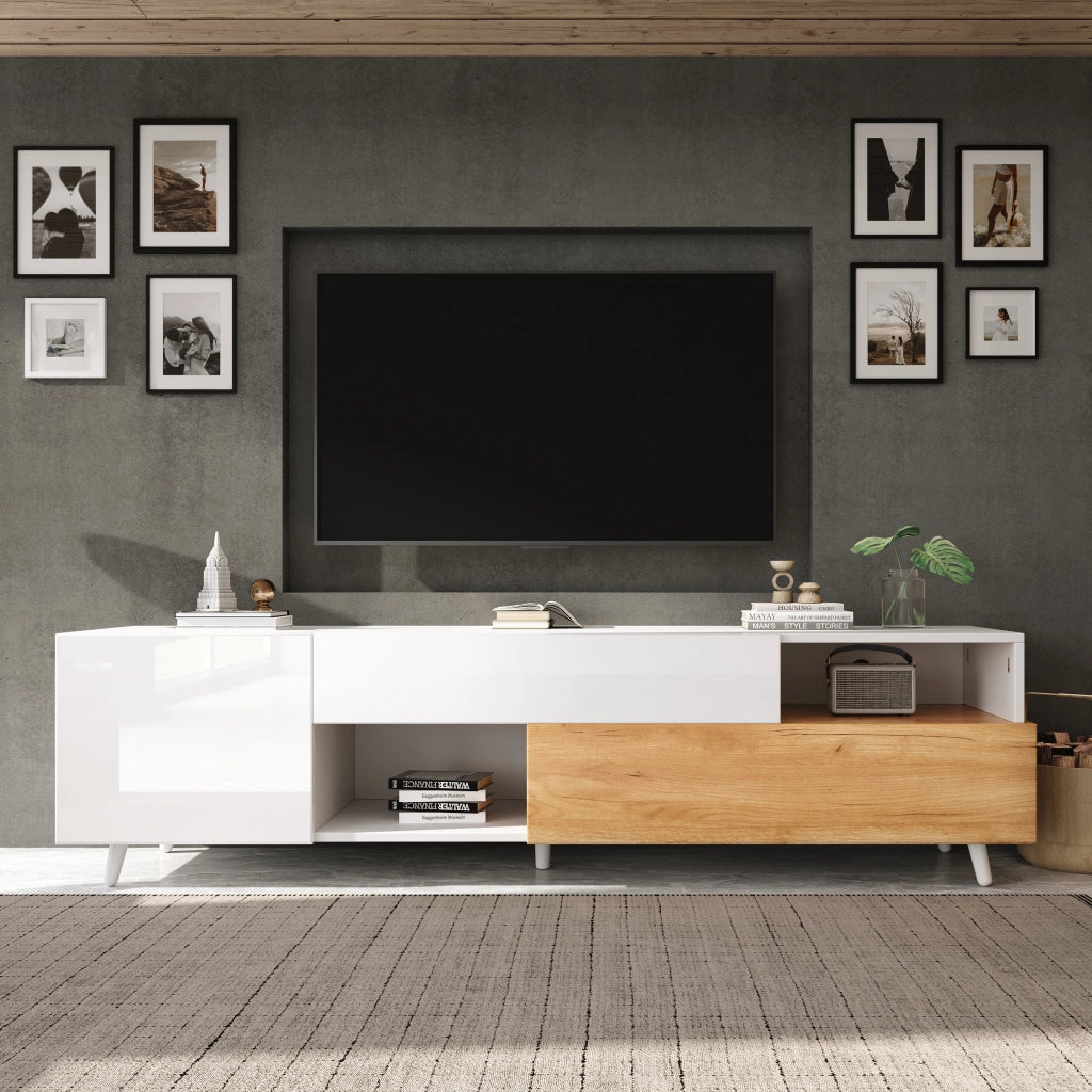 Cassettiera per TV bianca e naturale in truciolato lunghezza 180 cm