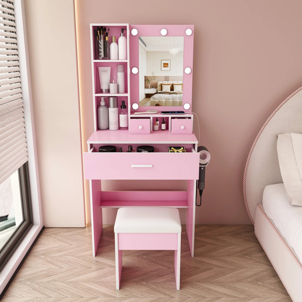 Toeletta con specchio; LED a 3 tonalità; 3 cassetti; ripiano e presa per camera da letto; in MDF; rosa; 60×38×131.5 cm